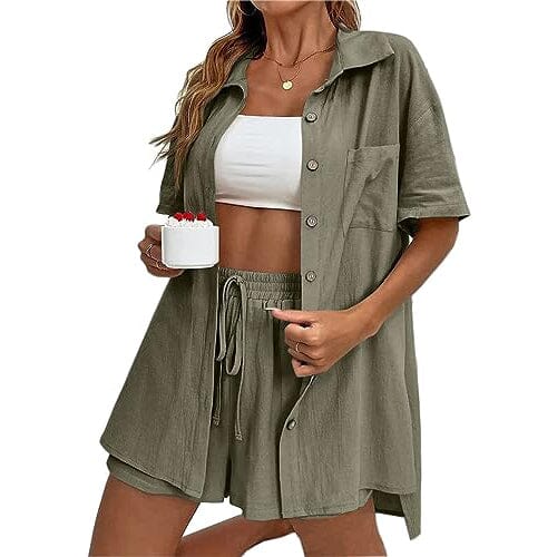 2-Piece Set: Tracksuit Outfit Sets Cotton Linen Shirt and High Waisted Mini Shorts Set