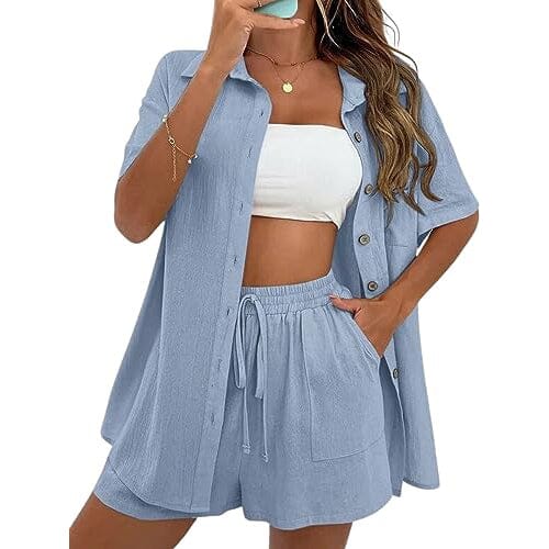 2-Piece Set: Tracksuit Outfit Sets Cotton Linen Shirt and High Waisted Mini Shorts Set