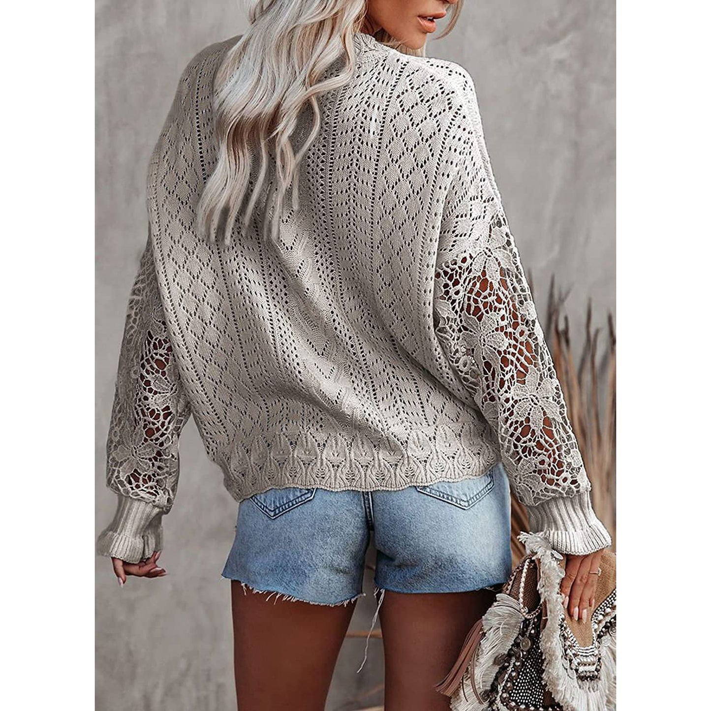 Women Lace Crew Neck Sweater
