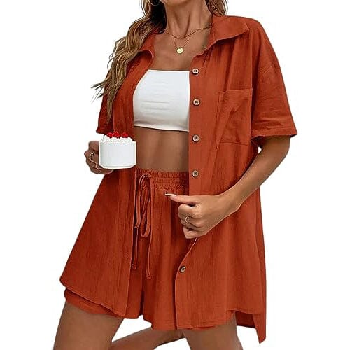 2-Piece Set: Tracksuit Outfit Sets Cotton Linen Shirt and High Waisted Mini Shorts Set