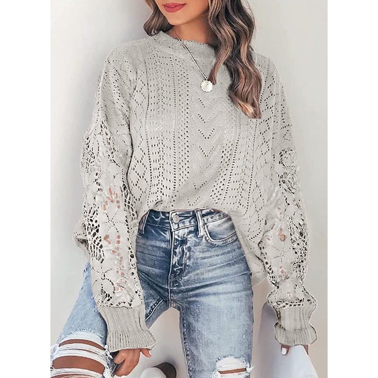 Women Lace Crew Neck Sweater