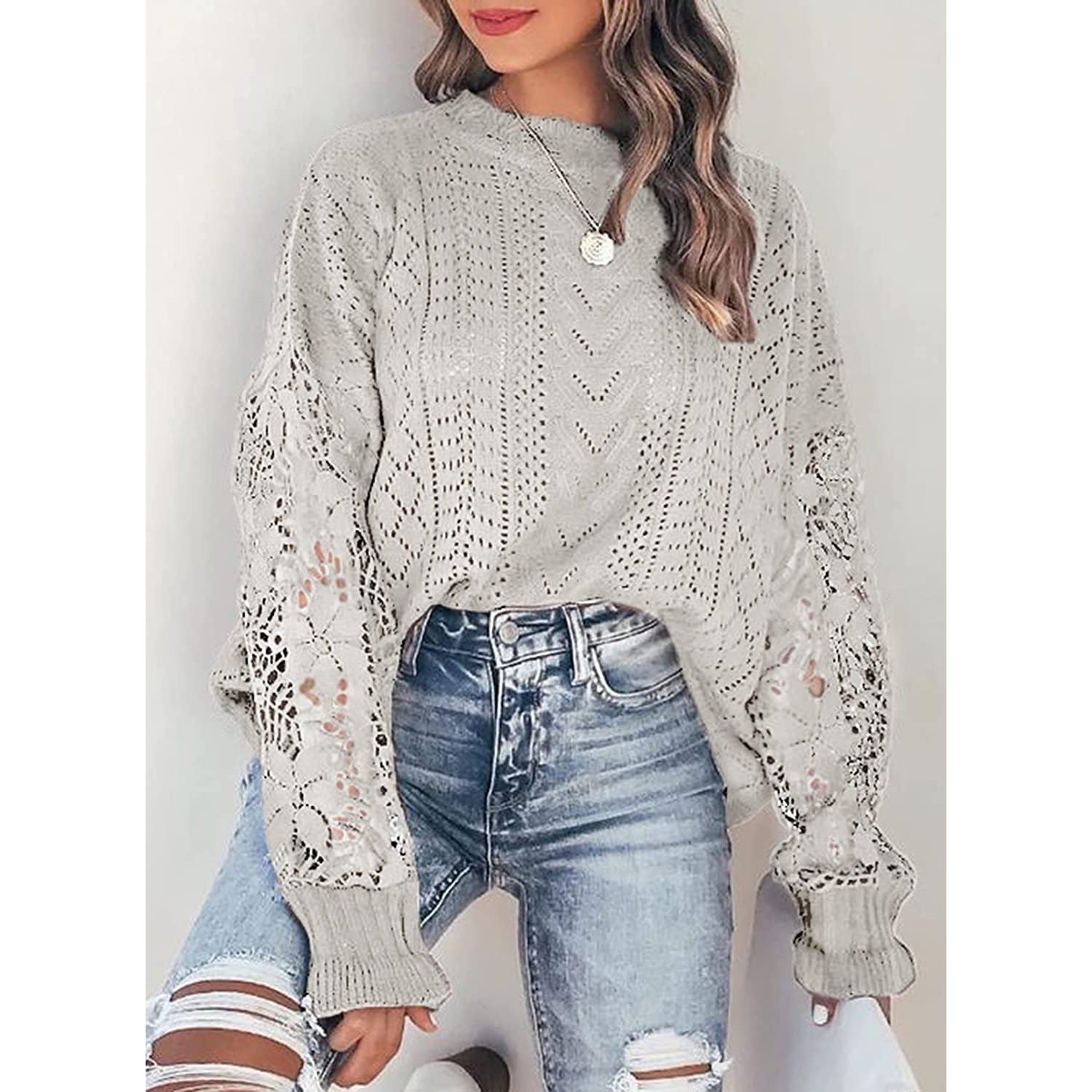 Women Lace Crew Neck Sweater
