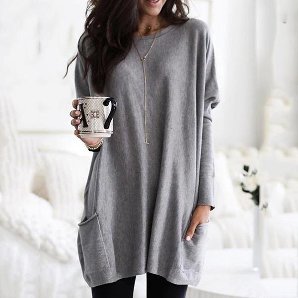 Women Long Sleeve Top Casual Pocket T-Shirt