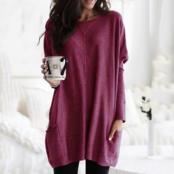 Women Long Sleeve Top Casual Pocket T-Shirt