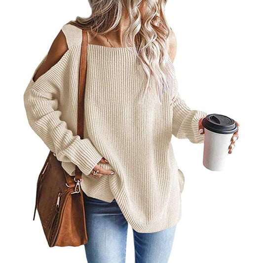 Women's Cold Shoulder Batwing Chunky Knitted Tunic Tops