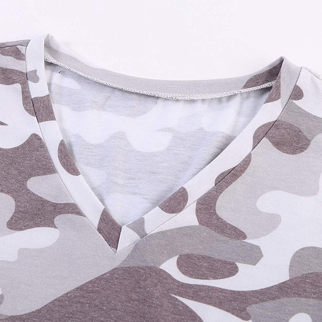 Women's Summer Camo V Neck Short Sleeve Tee Shirts Casual Loose Blouse Tops